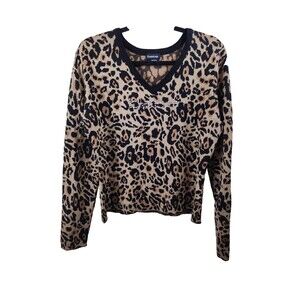 Bebe Womens L Brown Leopard Print Rhinestone Spellout Long Sleeve V-Neck Sweater